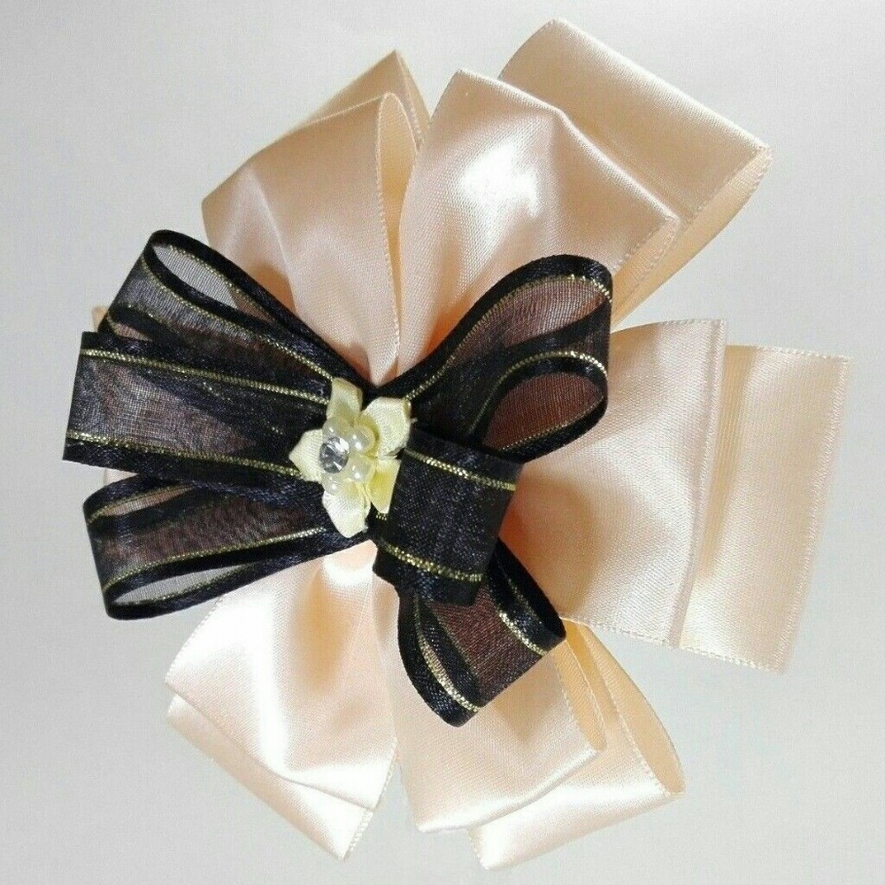 Black & Salmon Organza & Satin Handmade Hair Bow